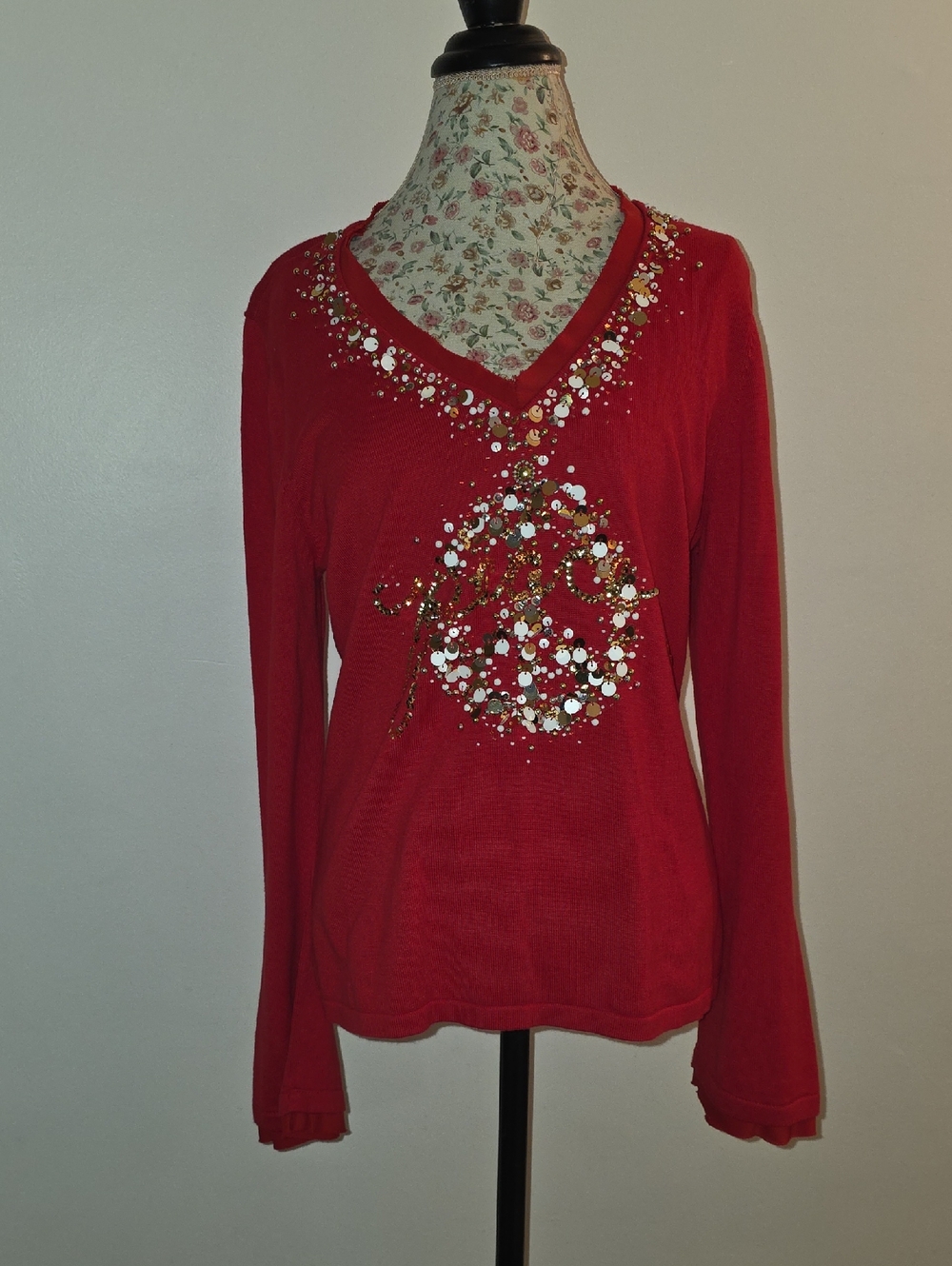 Boston Proper Red V-Neck Sequin & Bead Embellished Long Sleeve Top